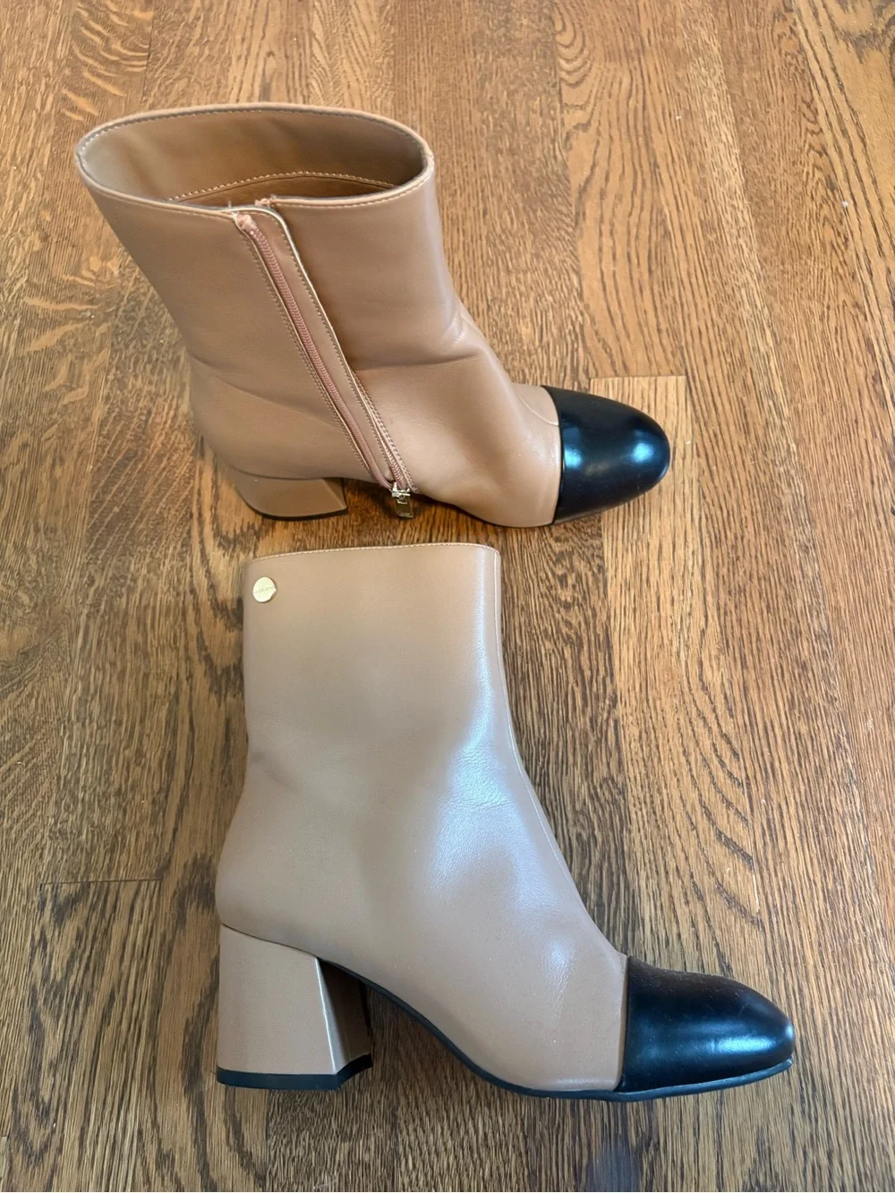 Taupe and Black Two-Tone Leather Ankle Boots
